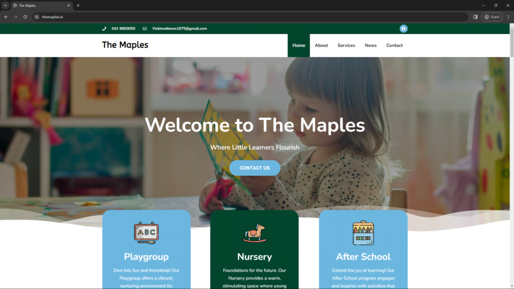 Screenshot of The Maples crèche website designed by Congino. The homepage features a welcoming color scheme, easy navigation menus, and images of children engaging in activities at The Maples.